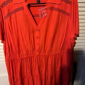 Red Button-Up Dress with Lace Details